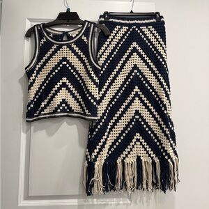Ultra Pink Crochet Fringe Midi Skirt With Tank Crop Top Size S Navy & Cream Set